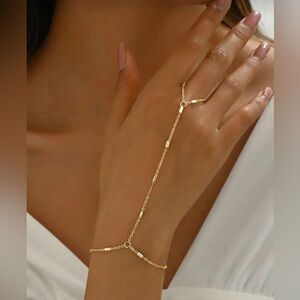 Gold Tone Hand Chain Bracelet Ring Adjustable Link Boho Statement Jewelry